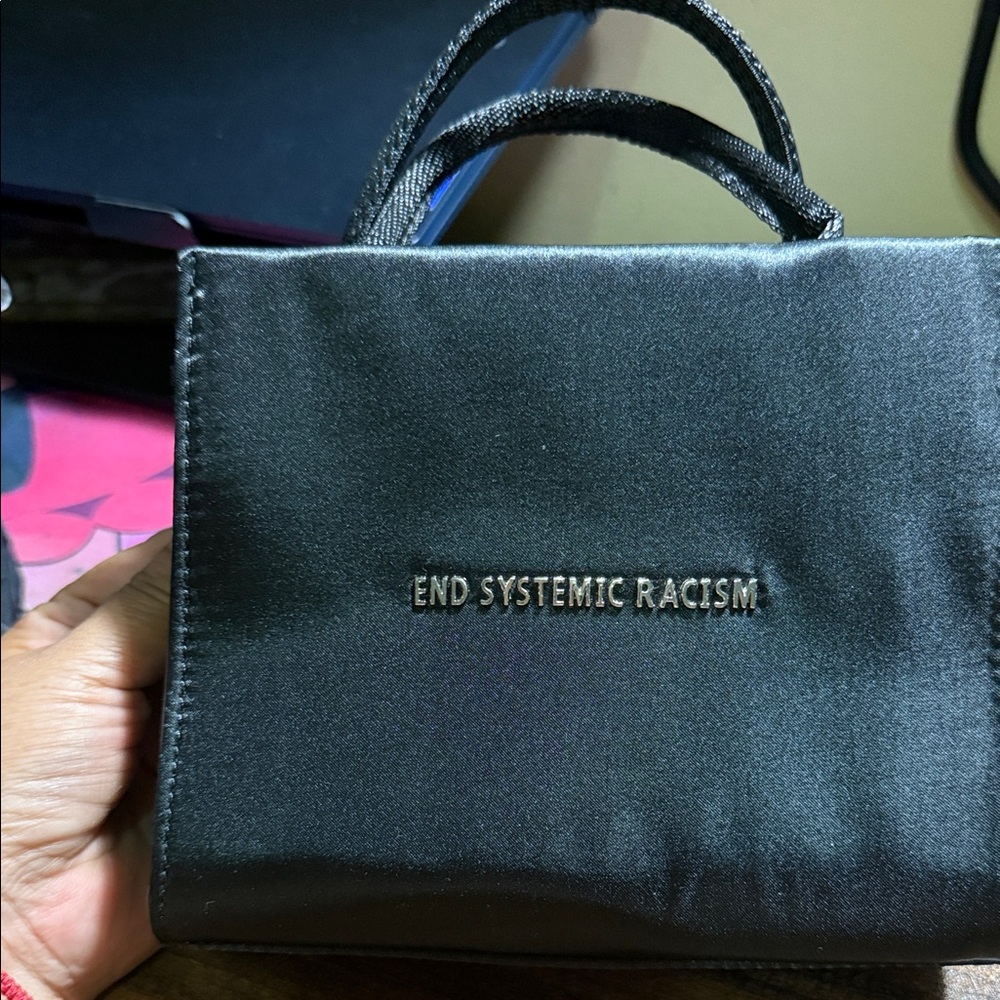 Chic Black Satin Mini Bag with Empowering Message